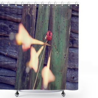 Personality  Old Wooden Fence With An Apple In The Form Of A Target And Arrows From A Bow. Shower Curtains