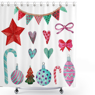 Personality  Set Of Watercolor Christmas Decorations Christmas Balls, Bows, Hearts, Lollipops, Flags Shower Curtains