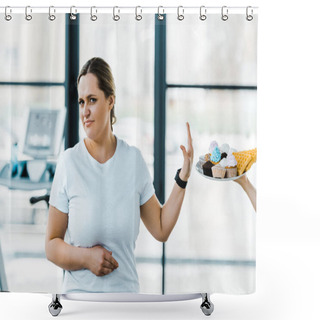 Personality  Cropped View Of Man Holding Plate With Tasty Pastry Near Overweight Woman Showing No Sign Shower Curtains