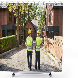 Personality  Back View Of Devoted Construction Workers In Safety Vests With Blueprint On Site, Cottage Builders Shower Curtains