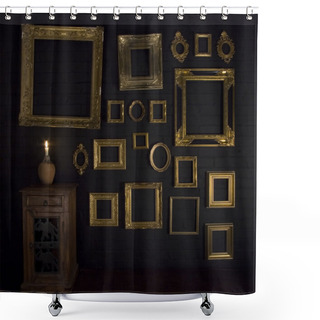 Personality  Gold Frames On A Black Brick Wall And Candle Shower Curtains
