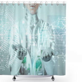 Personality  Close-up View Of Robotic Hands With Digital Data Isolated On Grey, Future Technology Concept  Shower Curtains