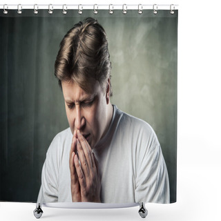 Personality  Young Man Praying On Dark Background Shower Curtains