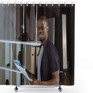 Personality  Portrait Of Cheerful African American Man With Papers In Hand Looking At Camera In Studio Shower Curtains