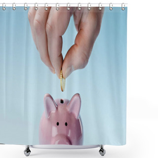 Personality  Partial View Of Man Putting Coin Into Pink Piggy Bank Isolated On Blue Shower Curtains
