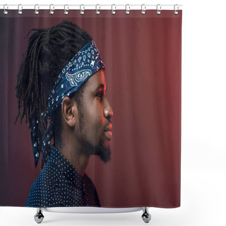 Personality  Side View Of Handsome African American Man In Headband Isolated On Burgundy Shower Curtains