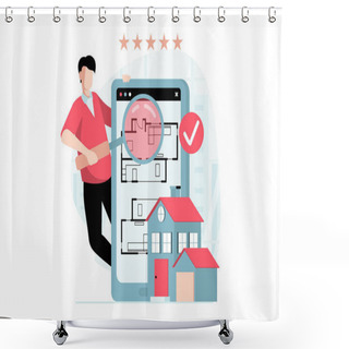 Personality  Real Estate Concept With People Scene In Flat Design. Man With Magnifier Studies House Blueprint Plan In Mobile App Before Choosing And Buying. Illustration With Character Situation For Web Shower Curtains