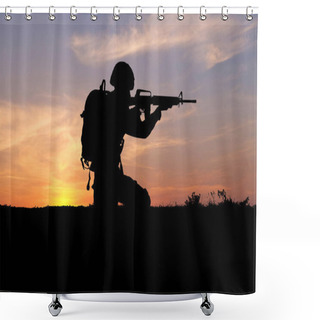 Personality  Silhouette Of Soldier On Sunset  Shower Curtains