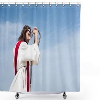 Personality  Side View Of Jesus In Robe, Red Sash And Crown Of Thorns Leaning On Wooden Staff Against Blue Sky Shower Curtains