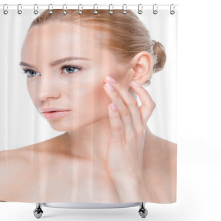 Personality  Woman With Foundation Cream On Face Shower Curtains