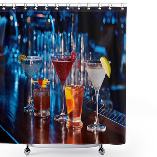 Personality  Five Exotic Thirst Quenching Cocktails On Bar Counter With Bar On Backdrop, Concept Shower Curtains