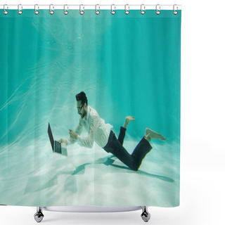 Personality  Smiling Arabian Businessman Holding Laptop And Swimming In Pool  Shower Curtains