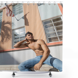 Personality  Portrait Of Confident And Young Cuban Man With Athletic Body On  Street In Miami, South Beach Shower Curtains