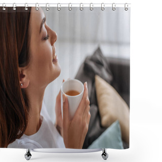 Personality  Side View Of Attractive Woman Holding Cup With Tea  Shower Curtains