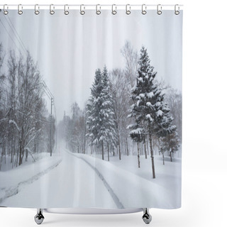Personality  Snow Covered Country Road And Pine Trees Shower Curtains