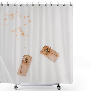 Personality  Wooden Mousetraps Near Lentils On White Table  Shower Curtains
