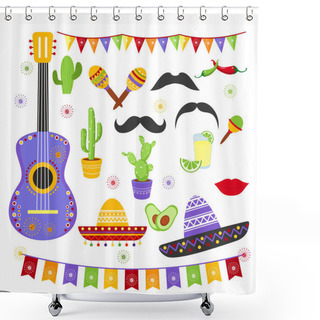 Personality  Vector Illustration Set Of Carnaval Fiesta Elements In Bright Colors And Mexican Style. Cinco De Mayo Collection Sombreros, A Guitar, Cactus Flowers In Flat Cartoon Design. Shower Curtains