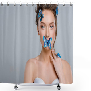 Personality  Attractive Young Woman With Decorative Butterflies On Face Isolated On Grey  Shower Curtains