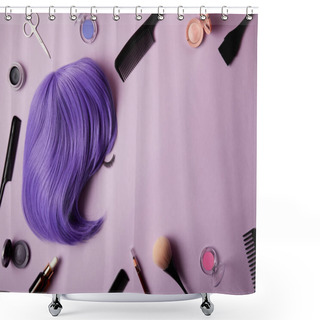 Personality  Top View Of Violet Wig, Makeup Tools And Cosmetics On Purple Shower Curtains