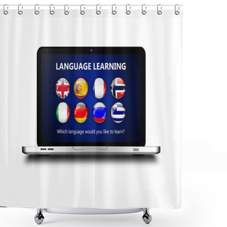 Personality  Laptop With Language Learning Page Over White Shower Curtains