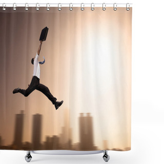 Personality  Excited Businessman Running With Cityscape Background At Morning Shower Curtains