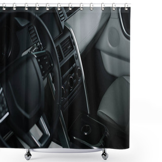 Personality  Selective Focus Of Buttons Near Black Steering Wheel In Luxury Car  Shower Curtains