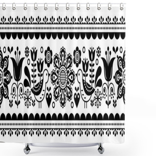 Personality  Scandinavian Seamless Vector Pattern With Flowers And Birds, Nordic Folk Art Repetitive Black And White Ornament    Shower Curtains