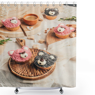 Personality  Close-up View Of Delicious Sweet Cupcakes In Shape Of Bears On Table Shower Curtains