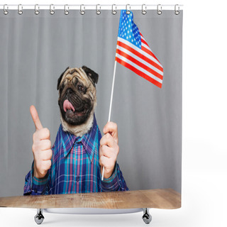 Personality  Happy Man With Pug Dog Head Holding United States Flag  Shower Curtains