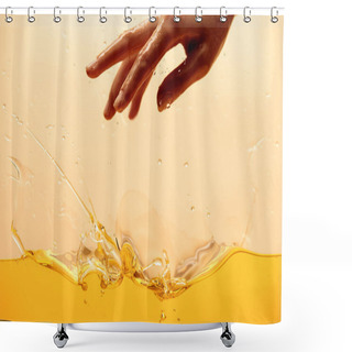 Personality  Cropped View Of Hand And Yellow Bright Splashing Liquid Isolated On Yellow Shower Curtains