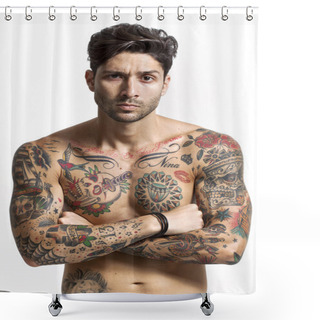 Personality  Sexy Tattooed Man Portrait With Crossed Arms Shower Curtains