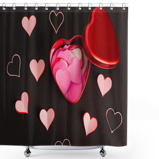 Personality  Top View Of Pink Paper Hearts In Metallic Box On Black Shower Curtains
