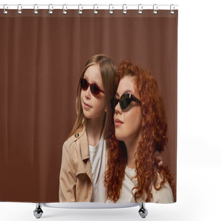 Personality  Two Generations, Happy Redhead Mother And Daughter In Sunglasses Looking Away On Brown Backdrop Shower Curtains
