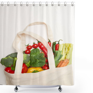 Personality  Studio Shot Of Spinach Leaves And Vegetables In Eco Bag On White Background Shower Curtains