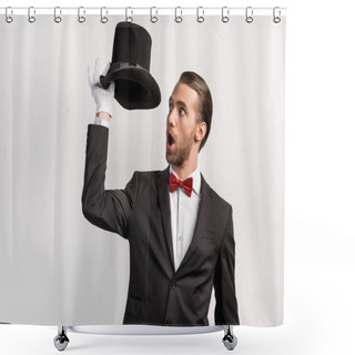 Personality  Shocked Magician With Open Mouth Looking At Hat, Isolated On Grey Shower Curtains