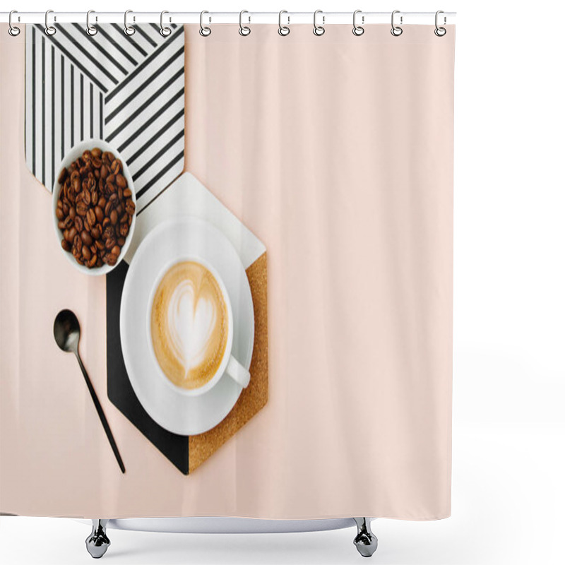 Personality  Coffee with milk and coffee beans on pink background shower curtains