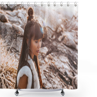 Personality  Beautiful Young Stylish Woman Outdoors Portrait At Sunset Shower Curtains