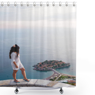 Personality  Side View Of Woman Looking At Island Of Sveti Stefan With Hotel Resort In Adriatic Sea, Budva, Montenegro Shower Curtains