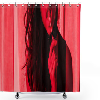 Personality  Cropped View Of Attractive Passionate Girl Eating Lollipop In Red Light, Panoramic Shot Shower Curtains