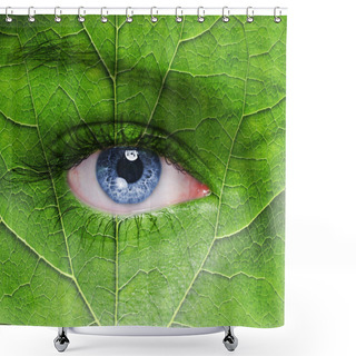 Personality  Blue Eye Close Up And Leaf Texture On Face. Shower Curtains
