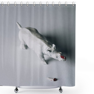 Personality  Top View Of Horn With Blood And Toy Rhinoceros On Grey Background, Hunting For Horn Concept Shower Curtains