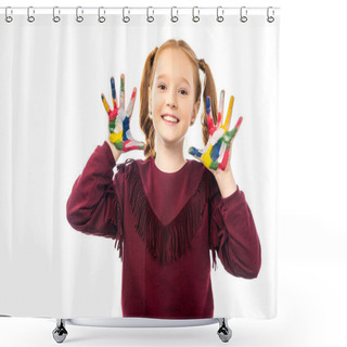 Personality  Smiling Schoolgirl Looking At Camera And Showing Hands Painted In Colorful Paints Isolated On White Shower Curtains