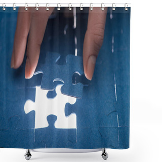 Personality  Cropped Image Of Businesswoman Inserting Last Missing Puzzle, Business Concept Shower Curtains
