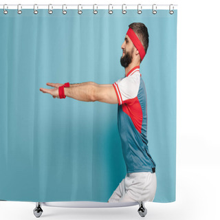 Personality  Side View Of Happy Stylish Sportsman Squatting On Blue Background Shower Curtains