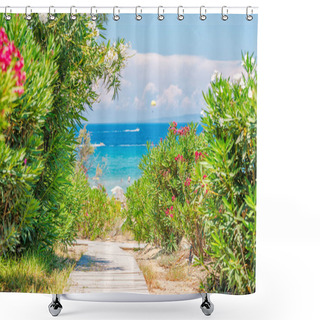 Personality  Tropical Beach With Palm Trees And Blue Sky Shower Curtains