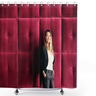 Personality  Young Business Woman Standing Against Burgundy Wall Panels Shower Curtains