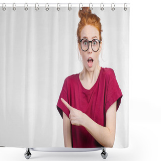 Personality  Surprised Girl Showing Empty Copy Space With Her Finger White Background Shower Curtains