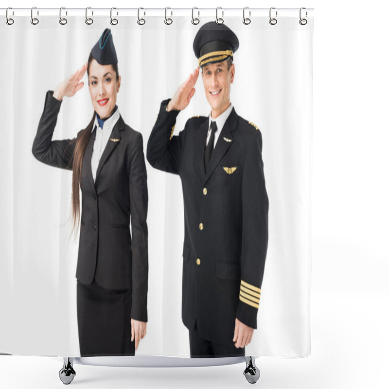 Personality  Airline Captain And Stewardess Saluting Isolated On White Shower Curtains