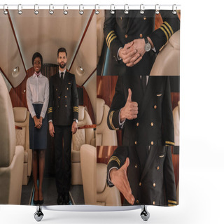 Personality  Collage Of Pilot At Smiling African American Stewardess Looking At Camera In Private Jet, And Cropped View Of Gesturing Pilot Shower Curtains
