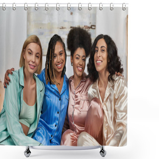 Personality  Portrait Of Positive African American Women Hugging Multiethnic Girlfriends In Colorful Pajama And Looking At Camera During Pajama Party, Bonding Time In Comfortable Sleepwear, Slumber Party Shower Curtains